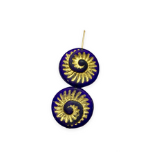 Load image into Gallery viewer, Czech glass ammonite fossil seashell shell beads 6pc frosted dark blue gold 19mm
