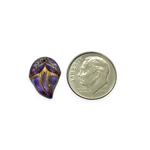 Load image into Gallery viewer, Czech glass flower bud with leaves beads 10pc purple blue 15x10mm
