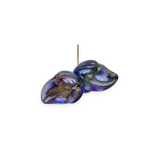 Czech glass flower bud with leaves beads 10pc purple blue 15x10mm