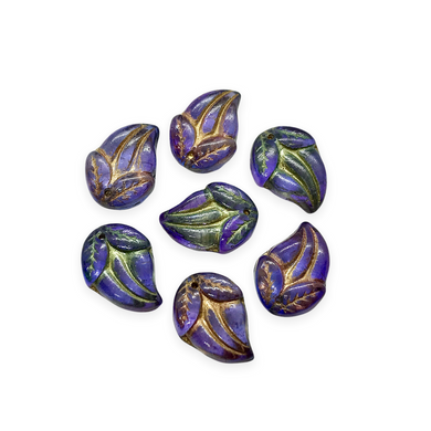 Czech glass flower bud with leaves beads charms 10pc purple blue 15x10mm-Orange Grove Beads