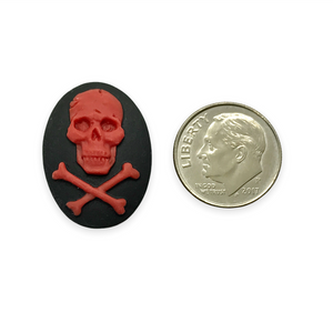 Pirate Skull & Crossbones Oval Flatback Cabochon Cameo Resin 4pc black red 18x25mm