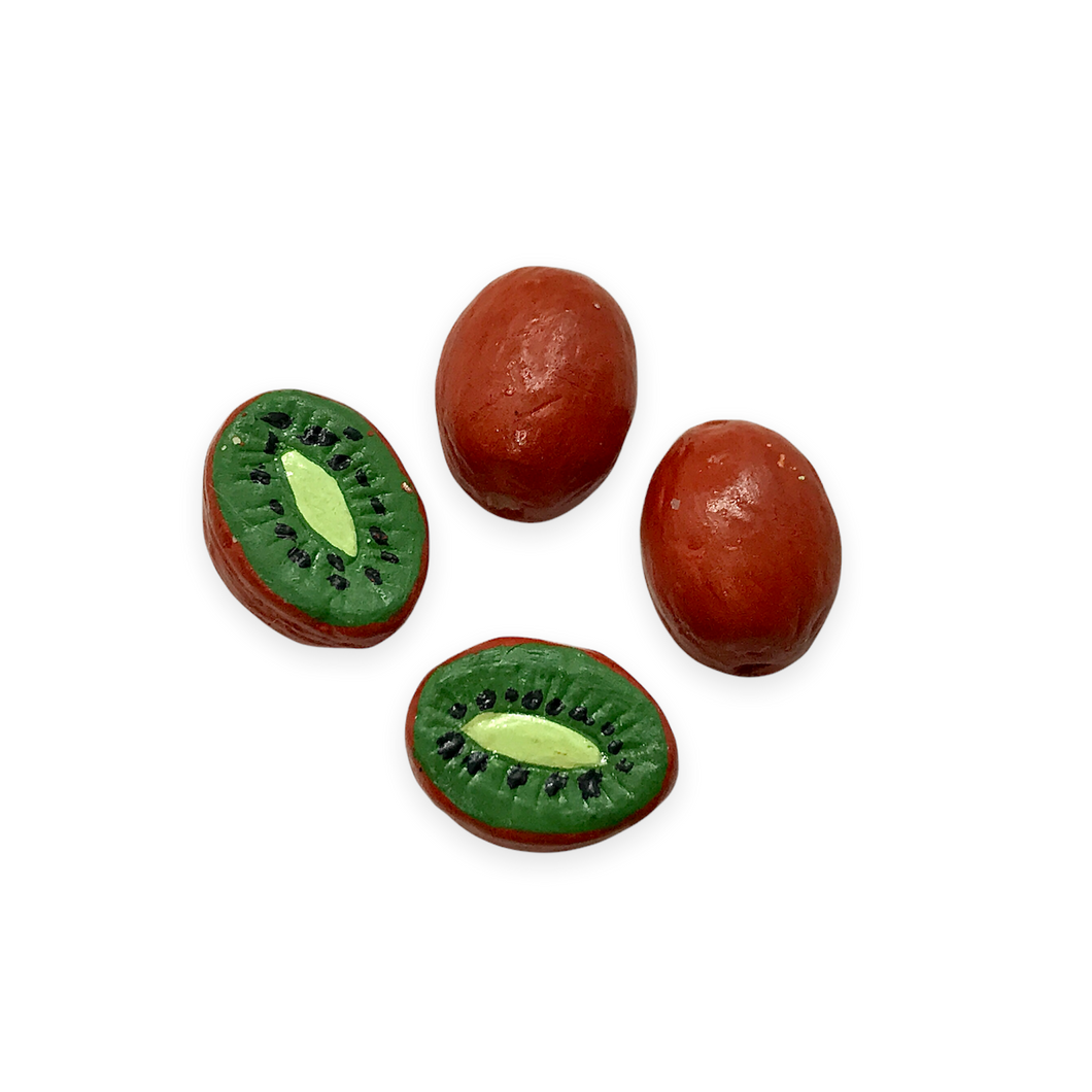 Hand painted tiny ceramic kiwi fruit beads charms 4pc 12x9mm-Orange Grove Beads