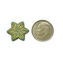 Load image into Gallery viewer, Czech glass Flat star flower beads 8pc blue green turquoise gold 18mm

