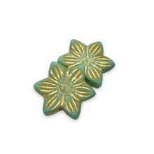 Load image into Gallery viewer, Czech glass Flat star flower beads 8pc blue green turquoise gold 18mm
