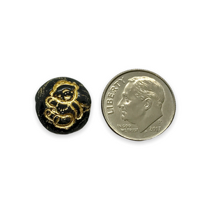 Czech glass teddy bear puffed coin beads 8pc jet black gold 14mm