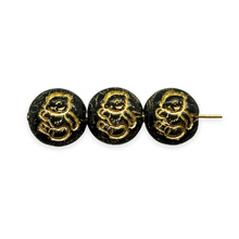 Load image into Gallery viewer, Czech glass teddy bear puffed coin beads 8pc jet black gold 14mm
