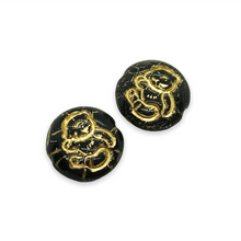 Load image into Gallery viewer, Czech glass teddy bear puffed coin beads 8pc jet black gold 14mm-Orange Grove Beads

