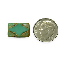 Load image into Gallery viewer, Czech glass table cut carved rectangle beads 8pc turquoise picasso 16x11mm
