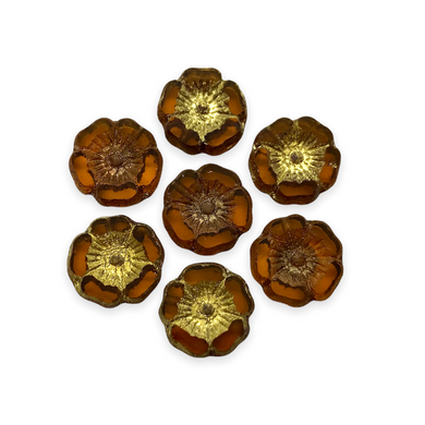 Czech glass table cut hibiscus flower beads 10pc topaz brown gold 12mm-Orange Grove Beads