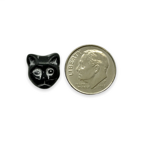 Czech glass cat head face beads 10pc opaque black silver 13x11mm #2