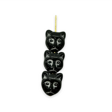Load image into Gallery viewer, Czech glass cat head face beads 10pc opaque black silver 13x11mm #2
