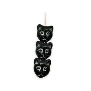 Czech glass cat head face beads 10pc opaque black silver 13x11mm #2