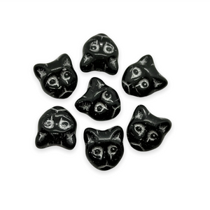 Czech glass cat head face beads 10pc opaque black silver 13x11mm #2-Orange Grove Beads