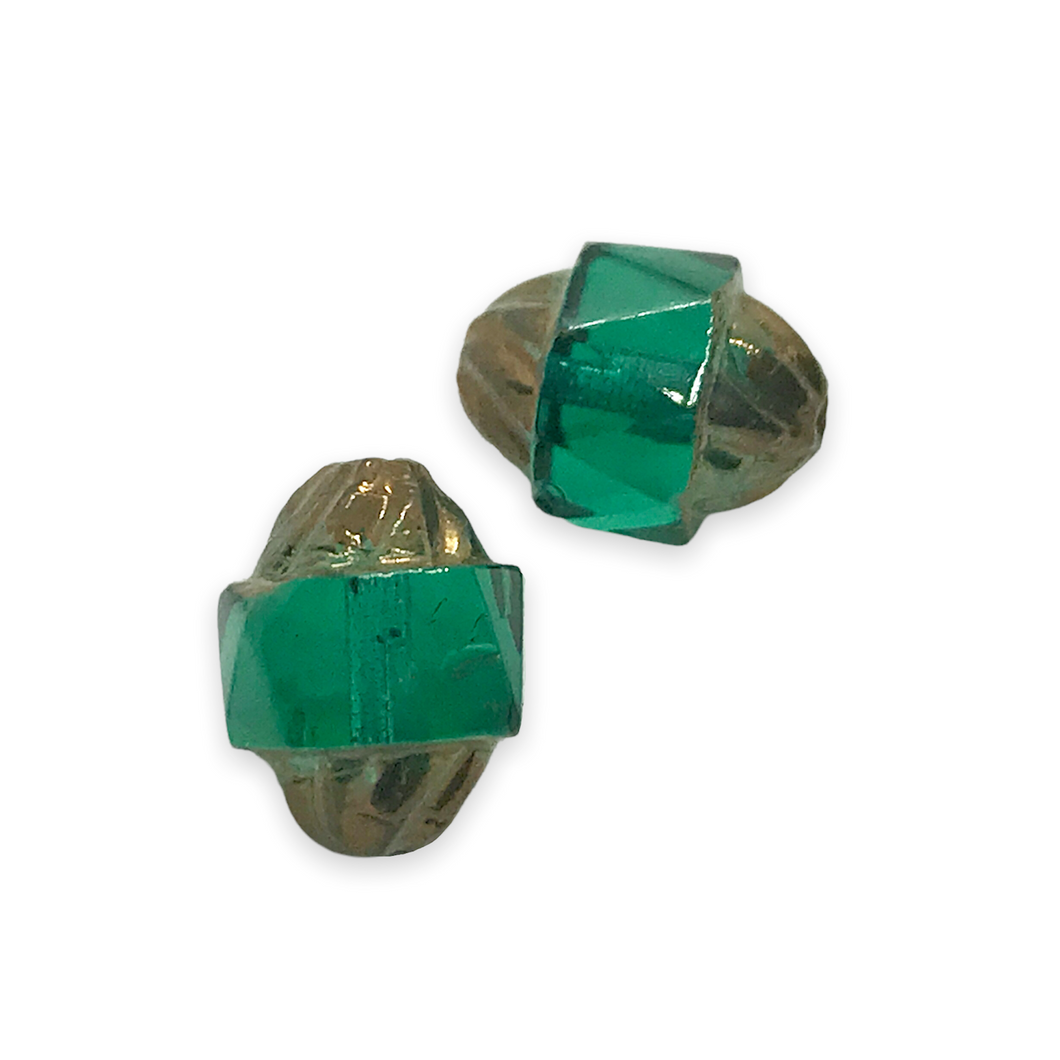 Czech glass faceted twisted turbine beads 12pc emerald green bronze 10x8mm