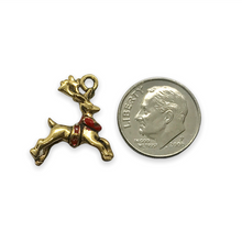 Load image into Gallery viewer, Christmas reindeer charm 2pc antique gold lead free pewter 19mm USA made
