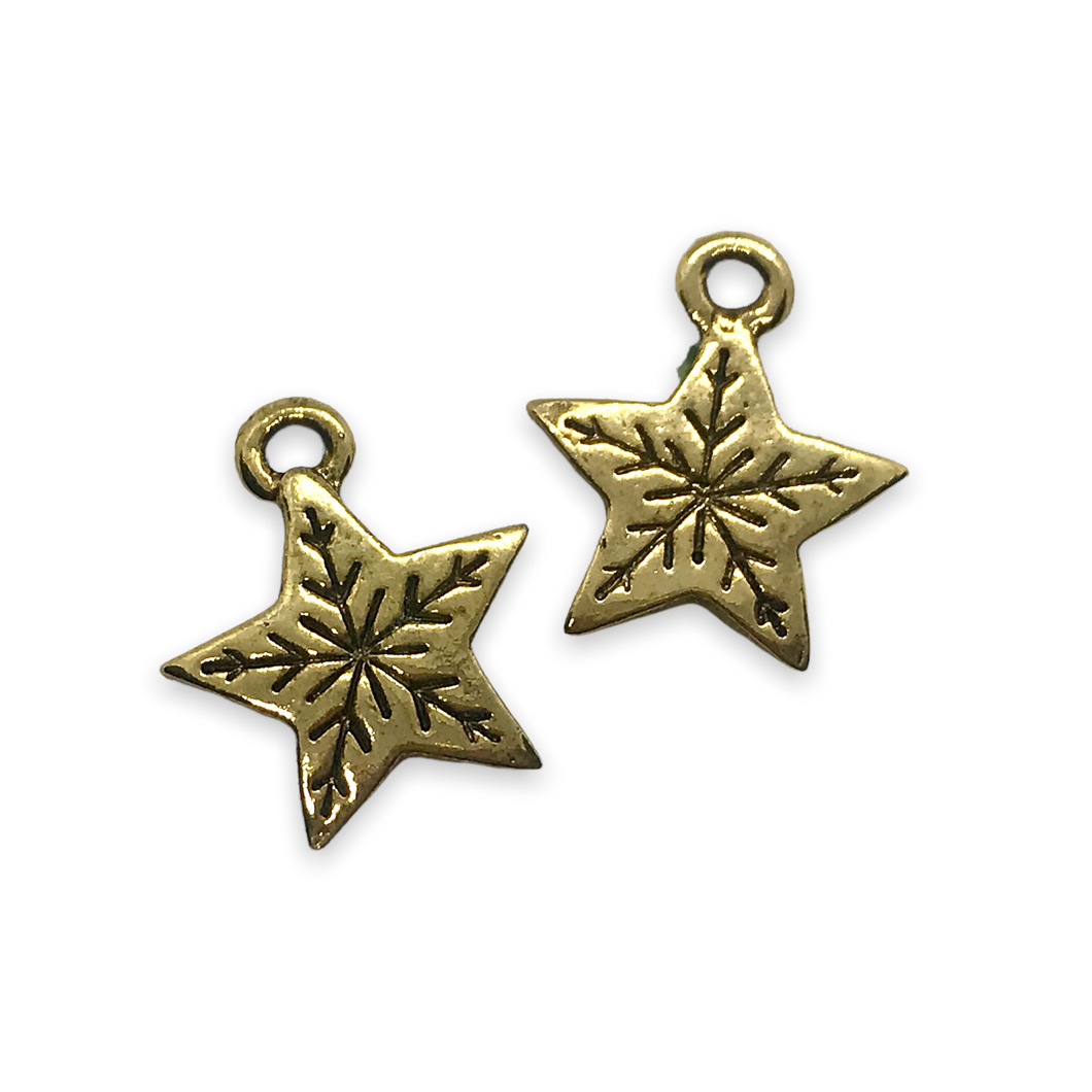 Christmas snowflake star charm pendant 2pc gold tone pewter 14x13mm