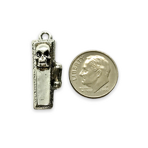 Hinged coffin locket charm pendant with mini skeleton 1pc pewter shiny silver 29mm