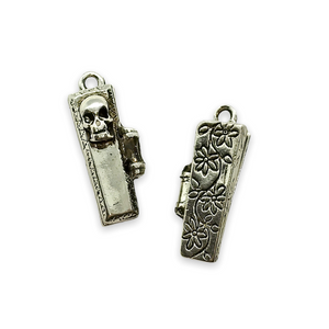 Hinged coffin locket charm pendant with mini skeleton 1pc pewter shiny silver 29mm