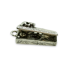 Hinged coffin locket charm pendant with mini skeleton 1pc pewter shiny silver 29mm