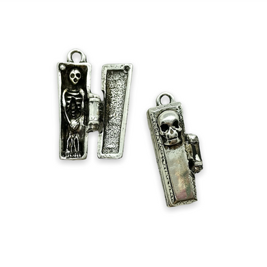 Hinged coffin locket charm pendant with mini skeleton 1pc pewter shiny silver 29mm-Orange Grove Beads