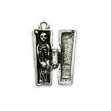 Load image into Gallery viewer, Hinged coffin locket charm pendant with mini skeleton 1pc pewter shiny silver 29mm
