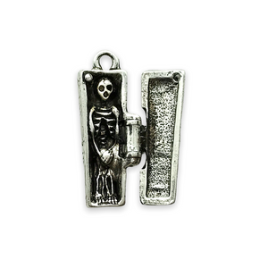 Hinged coffin locket charm pendant with mini skeleton 1pc pewter shiny silver 29mm
