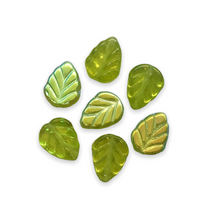 Load image into Gallery viewer, Czech glass leaf beads 25pc translucent olivine green AB 11x8mm #2-Orange Grove Beads
