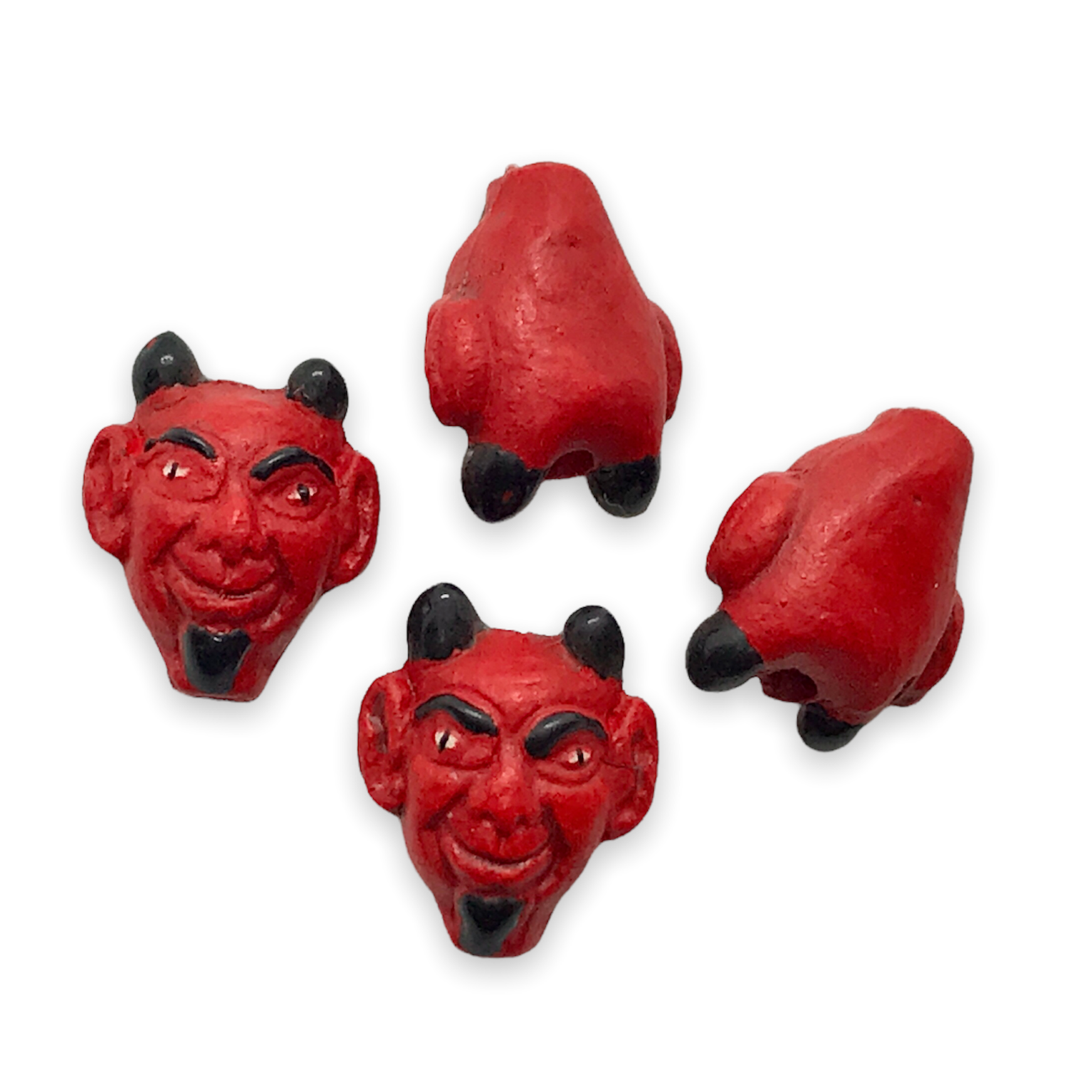 小物 RED DEVIL Tiny red devil head Halloween beads Peruvian ceramic 4pc 13x10mm