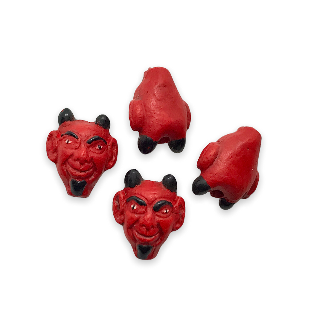 Hand painted ceramic red devil head Halloween beads 4pc 13x10mm-Orange Grove Beads