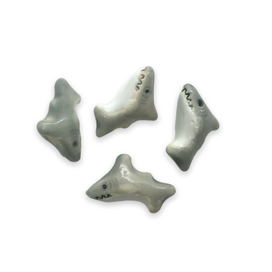 Hand painted tiny ceramic gray white shark beads charms 4pc 15x9mm-Orange Grove Beads