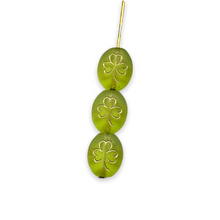Load image into Gallery viewer, Czech glass oval St Patrick&#39;s Irish shamrock clover beads 25pc frosted olivine gold 10x8mm
