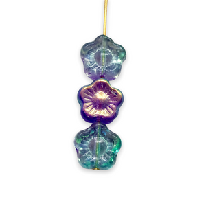 Czech glass hibiscus flower beads 15pc blue green purple 10mm