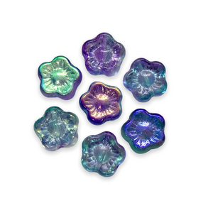 Czech glass hibiscus flower beads 15pc blue green purple 10mm