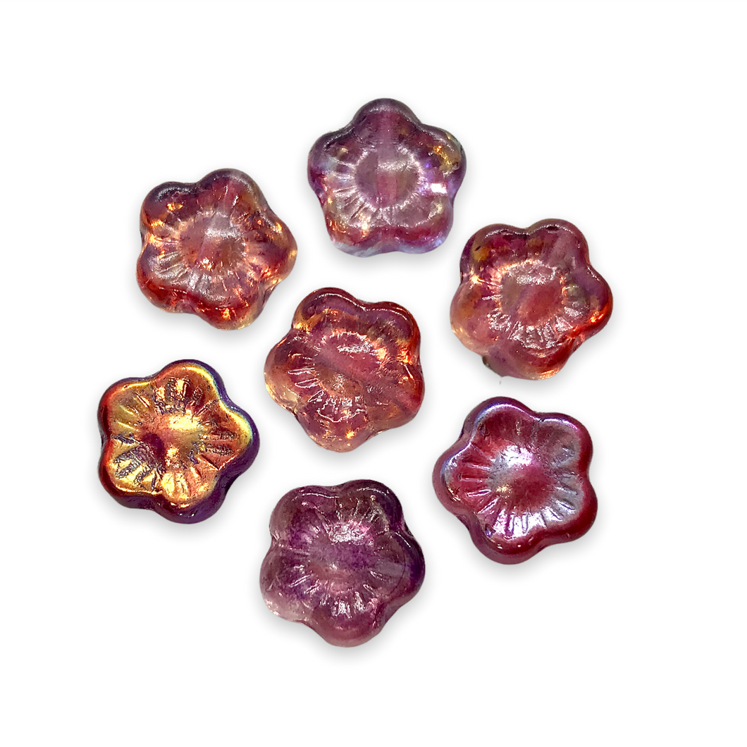Czech glass hibiscus flower beads 15pc pink metallic 10mm-Orange Grove Beads