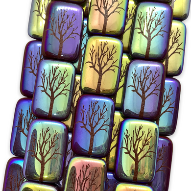 Czech glass rectangle laser tattoo winter tree beads 6pc brown AB 18x12mm-Orange Grove Beads