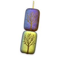 Load image into Gallery viewer, Czech glass rectangle laser tattoo winter tree beads 6pc crystal travertine AB 18x12mm
