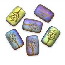 Load image into Gallery viewer, Czech glass rectangle laser tattoo winter tree beads 6pc crystal travertine AB 18x12mm

