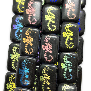 Czech glass laser tattoo seahorse rectangle beads 6pc black sliperit 18x12mm-Orange Grove Beads