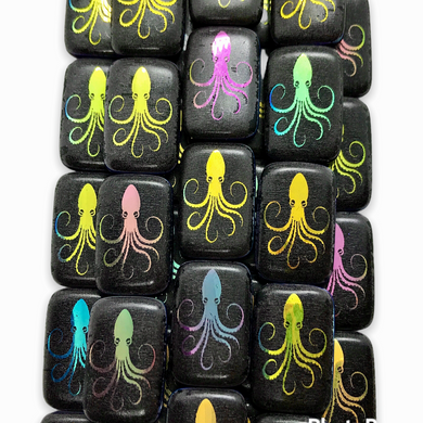 Czech glass laser tattoo squid rectangle beads 6pc black sliperit 18x12mm-Orange Grove Beads