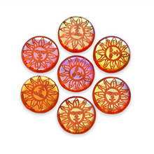 Load image into Gallery viewer, Czech glass laser tattoo sun coin beads 7pc orange AB 14mm
