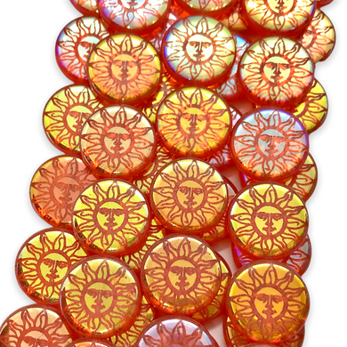 Czech glass laser tattoo sun coin beads 8pc orange AB 14mm-Orange Grove Beads