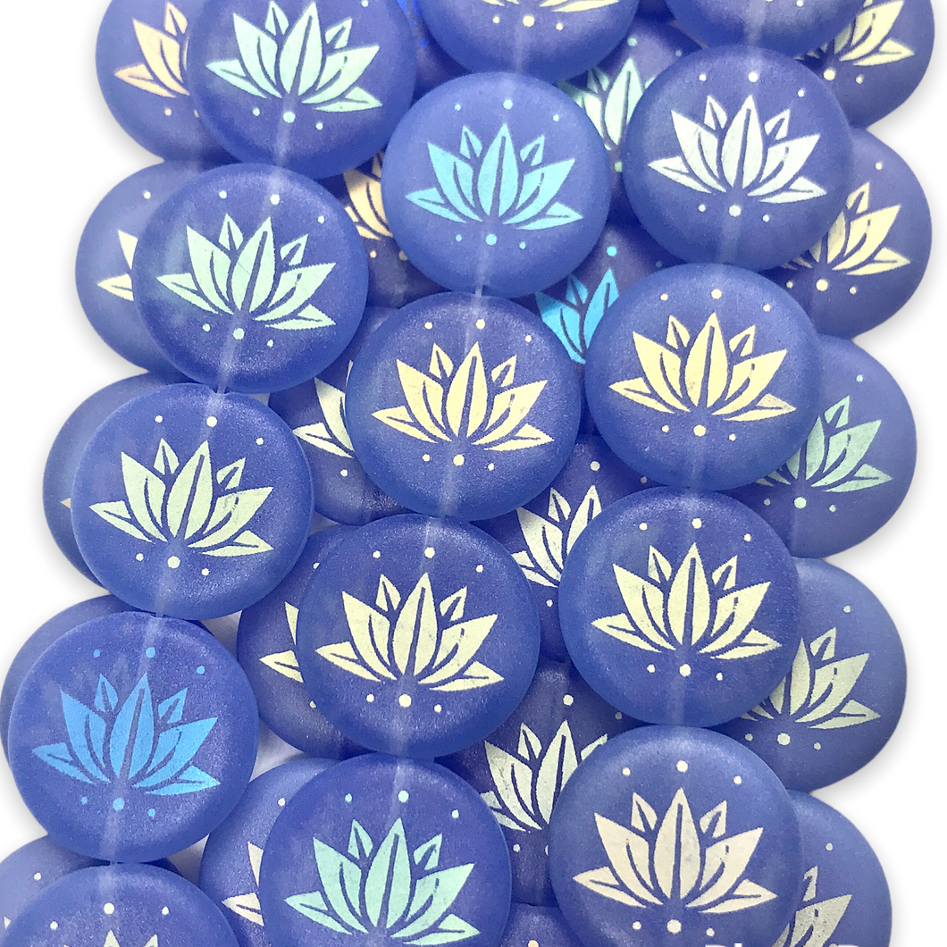 Czech glass laser tattoo lotus flower coin beads 8pc blue AB 17mm-Orange Grove Beads