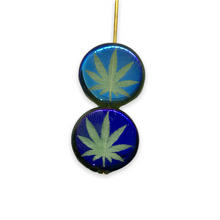 Load image into Gallery viewer, Czech glass laser tattoo cannabis leaf coin beads 8pc green azuro 14mm
