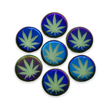 Load image into Gallery viewer, Czech glass laser tattoo cannabis leaf coin beads 8pc green azuro 14mm
