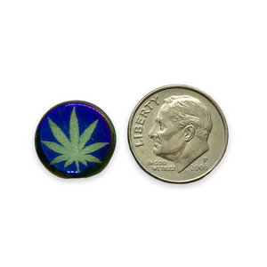 Czech glass laser tattoo cannabis leaf coin beads 8pc green azuro 14mm