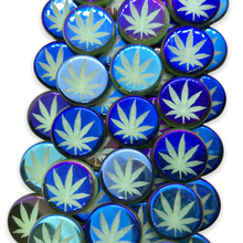 Load image into Gallery viewer, Czech glass laser tattoo cannabis leaf coin beads 8pc green azuro 14mm-Orange Grove Beads
