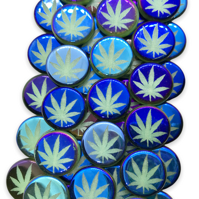 Czech glass laser tattoo cannabis leaf coin beads 8pc green azuro 14mm-Orange Grove Beads