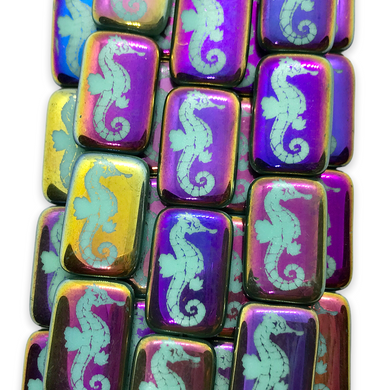 Czech glass laser tattoo seahorse rectangle beads 6pc turquoise sliperit 18x12mm-Orange Grove Beads