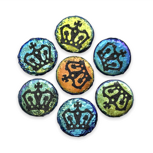 Czech glass laser tattoo royal crown coin beads 8pc etched jet black AB 14mm
