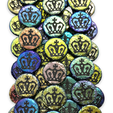 Czech glass laser tattoo royal crown coin beads 8pc etched jet black AB 14mm-Orange Grove Beads